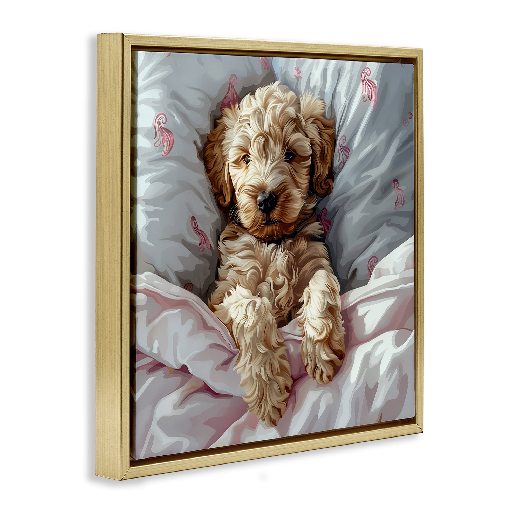 Stupell Industries Nap Time Cuddling Labradoodle Animals Painting Gold Floater Framed Canvas Art Print Wall Art, 18 x 18