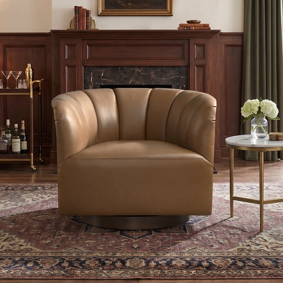 CHITA Mid Century Modern Swivel Accent Chair, Top Grain Leather, Solid Wood Frame, Saddle, Single