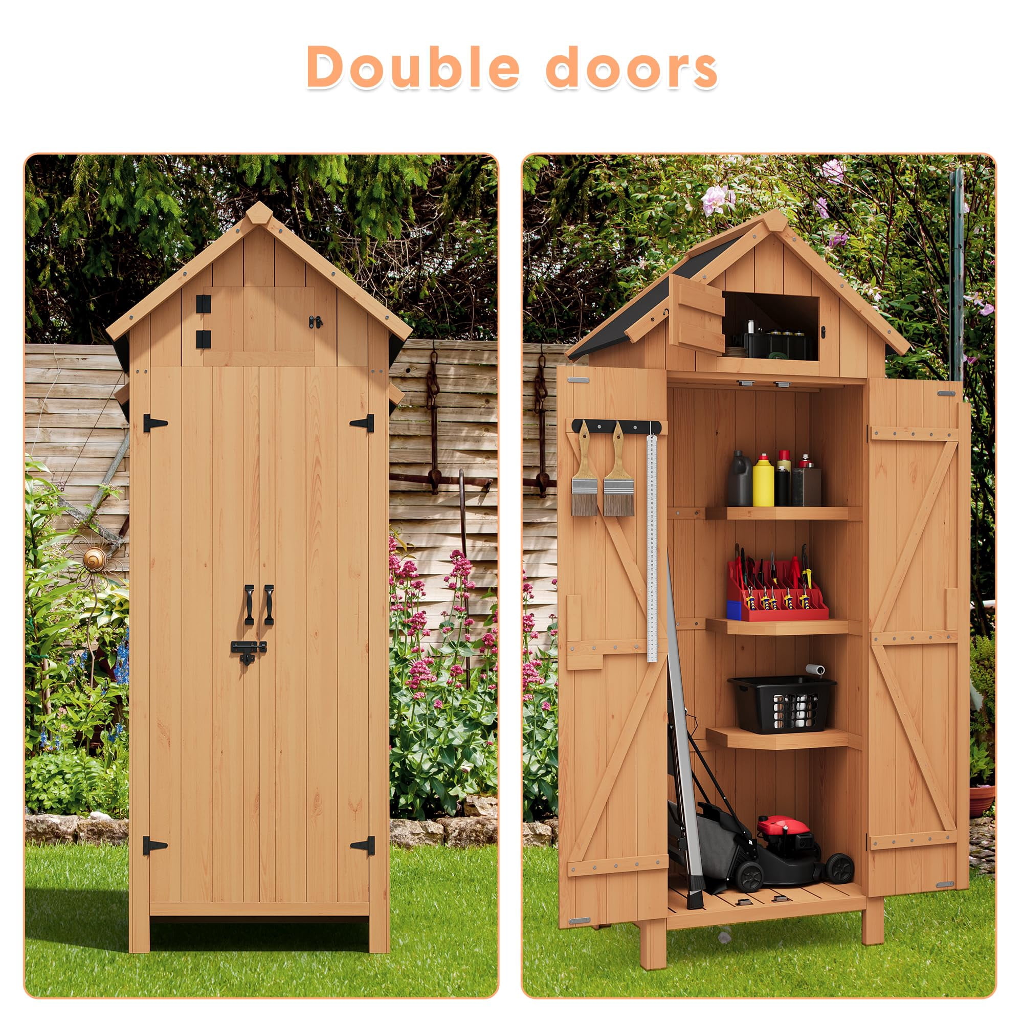 BouPower 63"/70" Waterproof Wooden Outdoor Storage Shed – Vertical Garden Cabinet with 3 Shelves, Lockable Door & Roof Storage, Space-Saving Design for Patio, Yard, or Lawn
