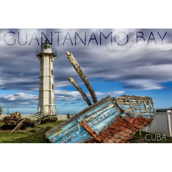 Guantanamo Bay, Cuba, Lighthouse and Broken Ship (36x54 Giclee Gallery Art Print, Vivid Textured Wall Decor)