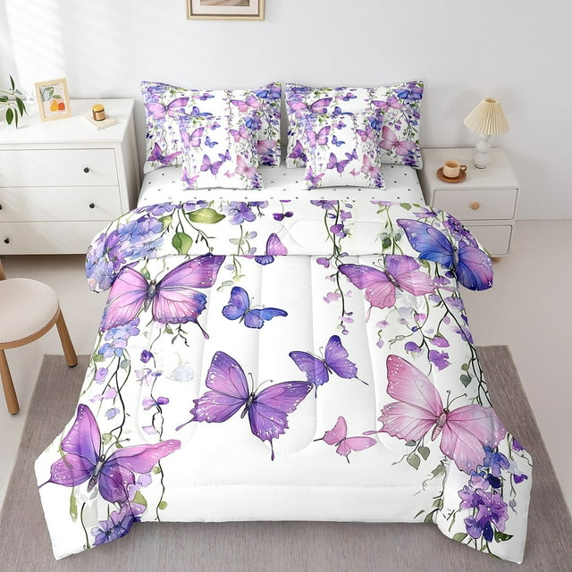Erosebridal Lit Papillon Violet en Sac Taille Complète, Ensemble de Lit Floral, Literie Réversible Légère Taille Complète, Décoration de Chambre Rêveuse, 7 Pcs