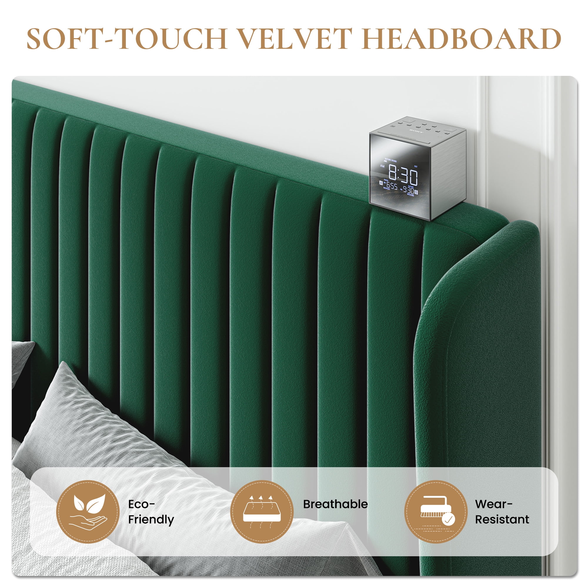 Sha Cerlin Full Size Upholstered Platform Bed Frame with Velvet Channel Wingback Headboard, Green