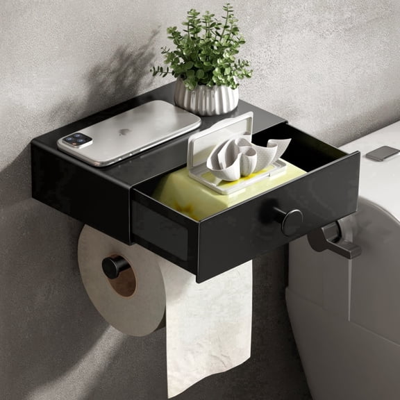 Sofinny Toilet Paper Holder with Phone Shelf and Drawer Storage, Flushable Wipes Dispenser for Bathroom Wall Mount, Self-Adhesive/Screw in (Black)