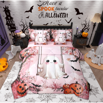 Manfei Kawaii Pink Ghost Bedding Comforter Set 7pcs for Kid, Halloween Pumpkin Bat Queen Bedding Sets, Cute Cartoon Reversible Queen Sheet Sets, Ultra Soft Home Decor