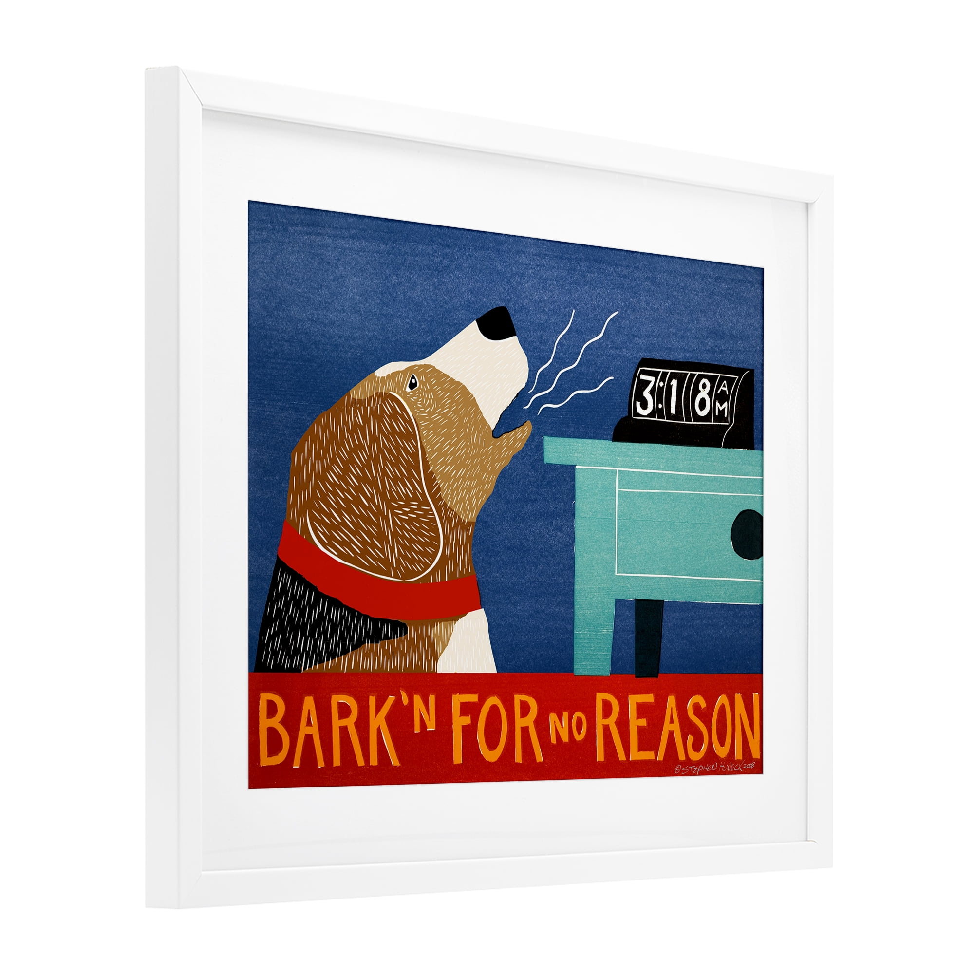 Bark'n For No Reason White Framed Print Under Glass, design by Stephen Huneck