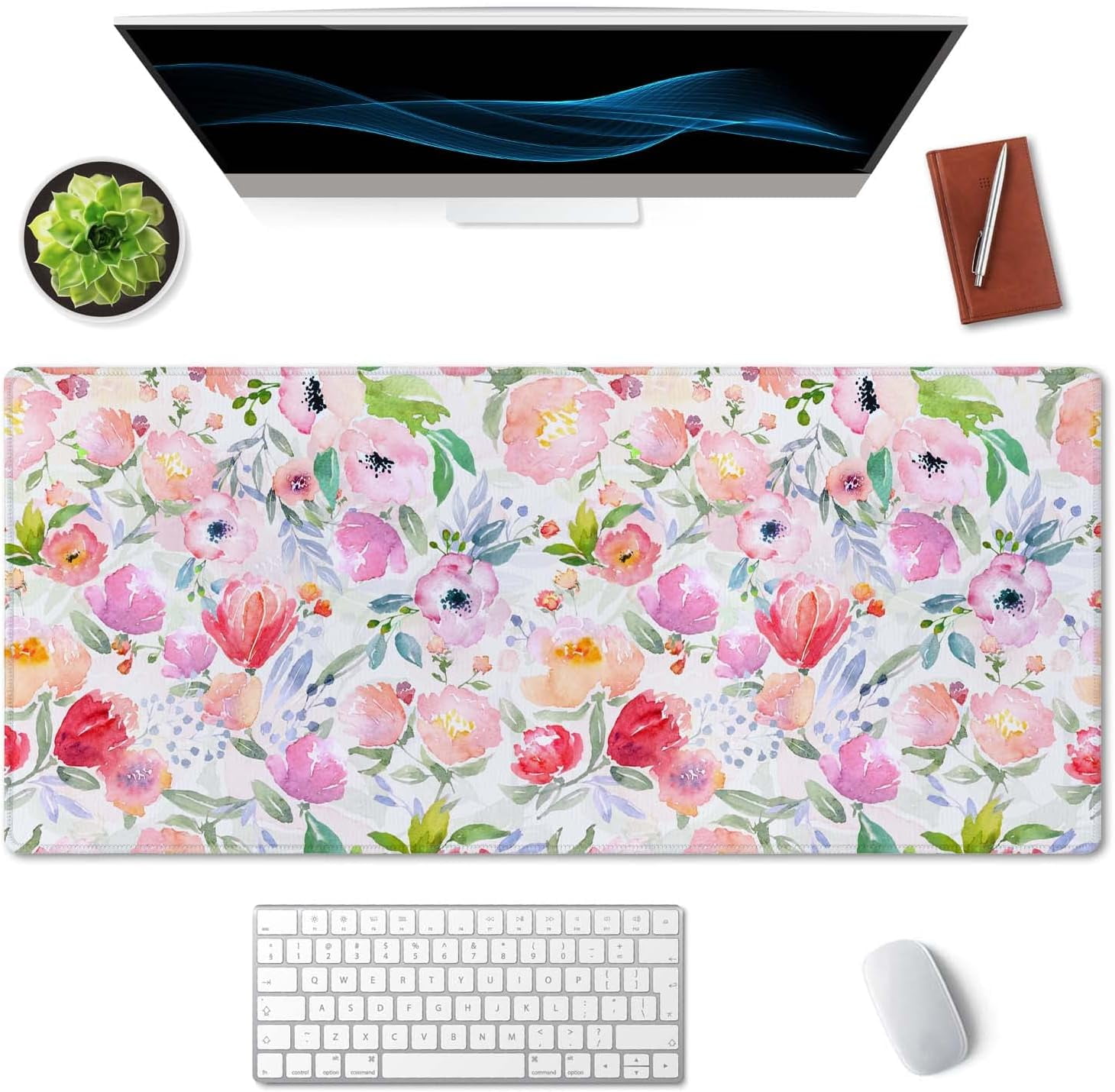 Extended Gaming Mouse Pad (35.5x15.7 in), Large Stable Rubber Base Mousepad with Stitched Edges, Keyboard Mouse Mat Desk Pad for Work, Game, Office, Home - Watercolor Floral Botanical Pattern