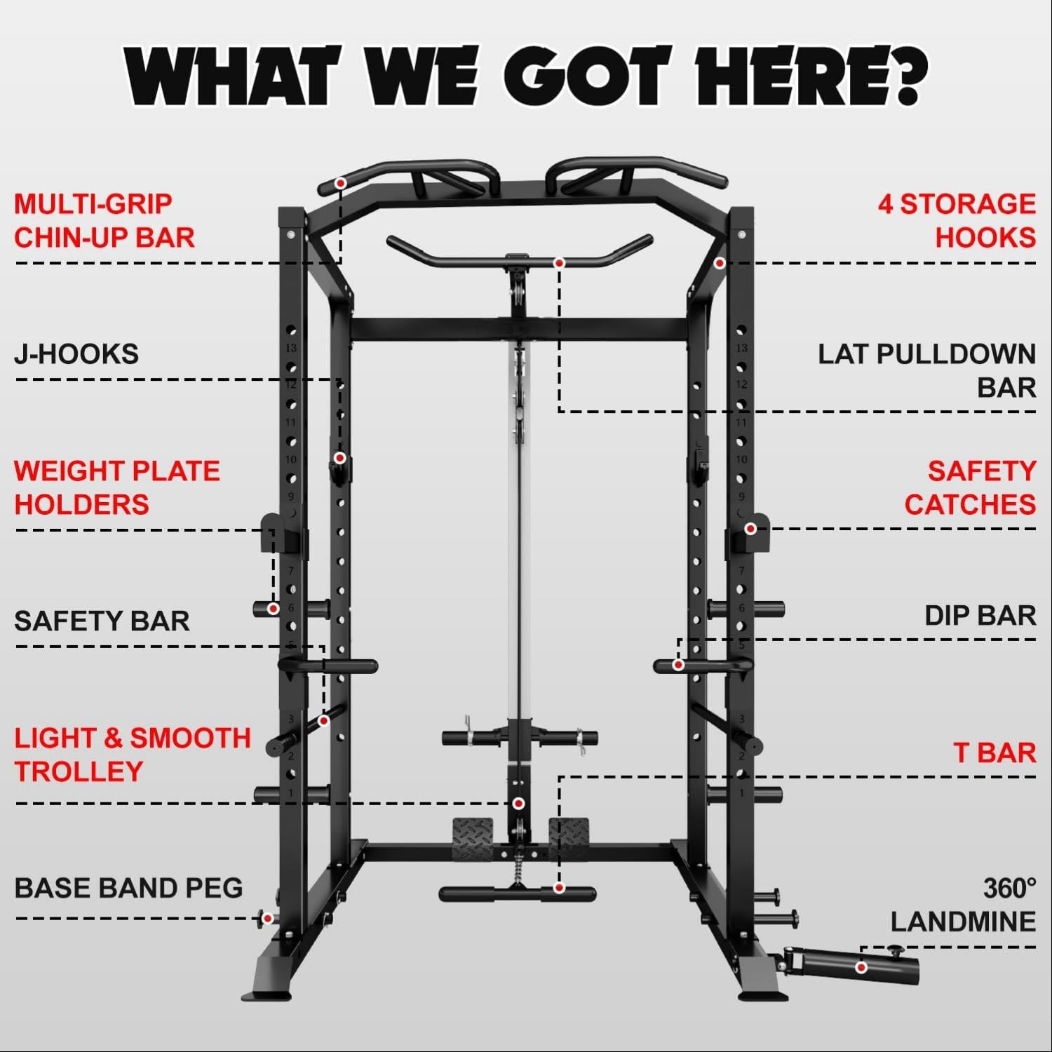 MITONOS Home Power Cage, 2000LBS Squat Rack with LAT Pulldown, Multi-Function Weight Cage Strength Training Machine, Workout Cage with More Attachments for Home Gym Garage, BK