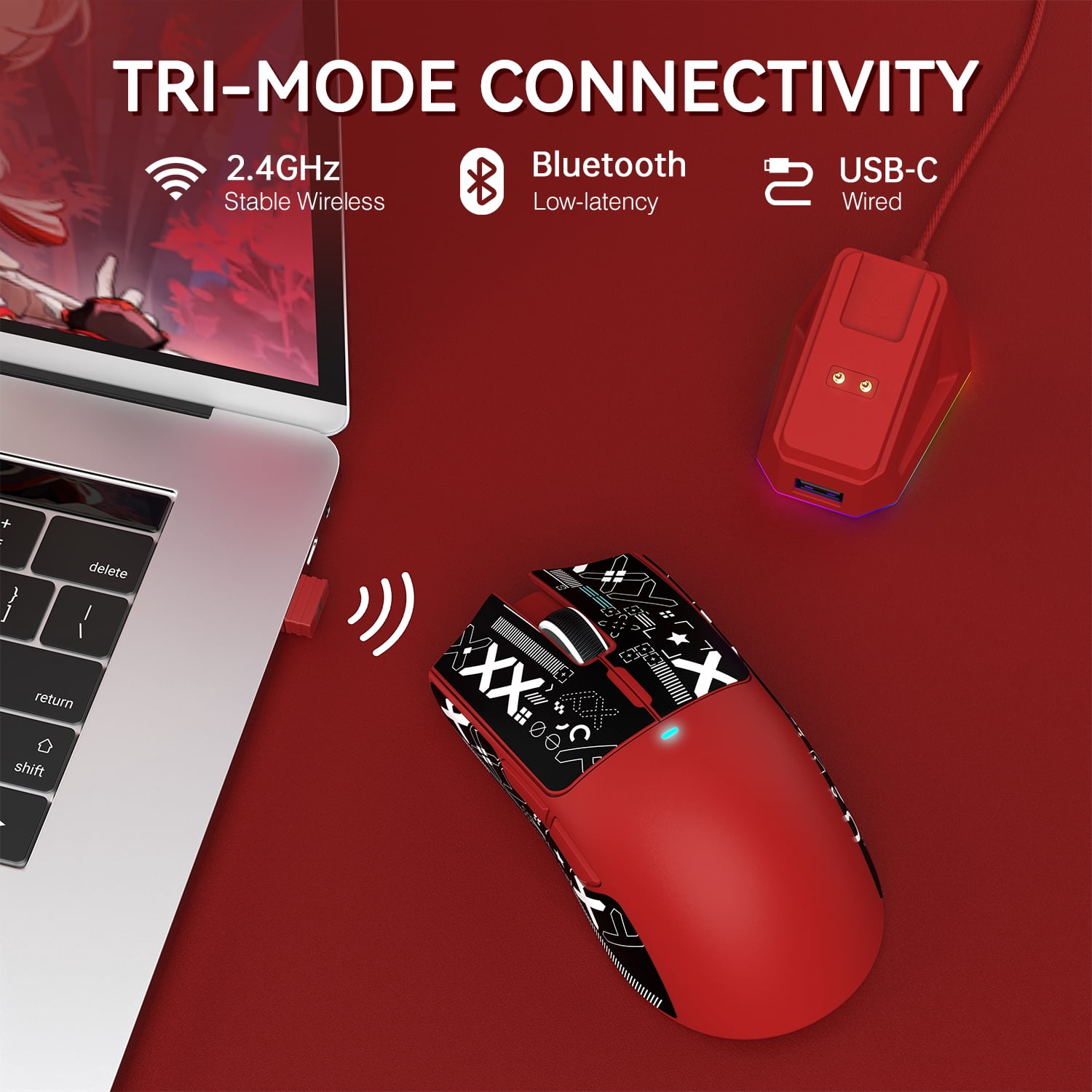 ATTACK SHARK X11 Wireless Gaming Mouse with RGB Charging Dock, Tri-Mode 2.4G/USB-C Wired/Bluetooth, 22000 DPI, PAW3311 Sensor, 5 Programmable Buttons, Grip Tape Included, Red