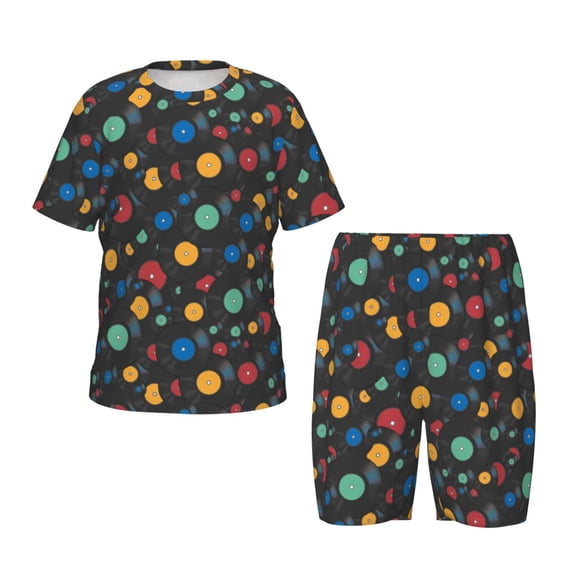 Honeii Ensemble de Pyjama d'Été à Manches Courtes avec Imprimé de Disques Vintage, Choix Stylé pour Garçons et Filles, Shorts et Pantalons 2 Pcs Tenue de Nuit, Tenue de Détente – X-Grand