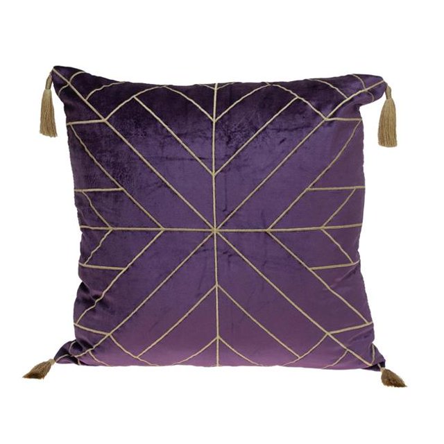 HomeRoots 402677 Pourpre Foncé & Or Geo Velours Coussin avec Pompons Or