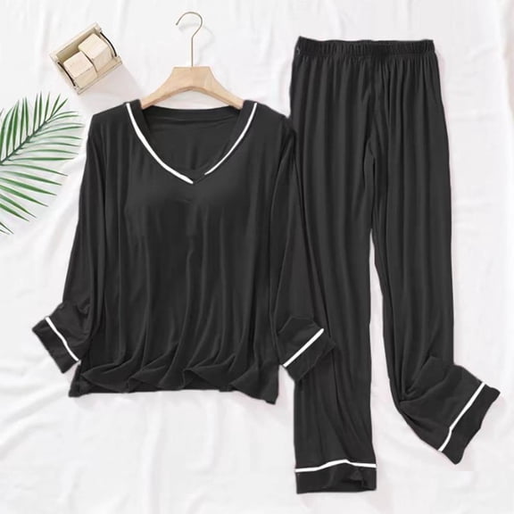 Dolkfu Padded Pjs Set for Women V Neck Long Sleeve Sleepwear Sets Elastic Waist 2 Pc Lounge Women's Sleepwear L