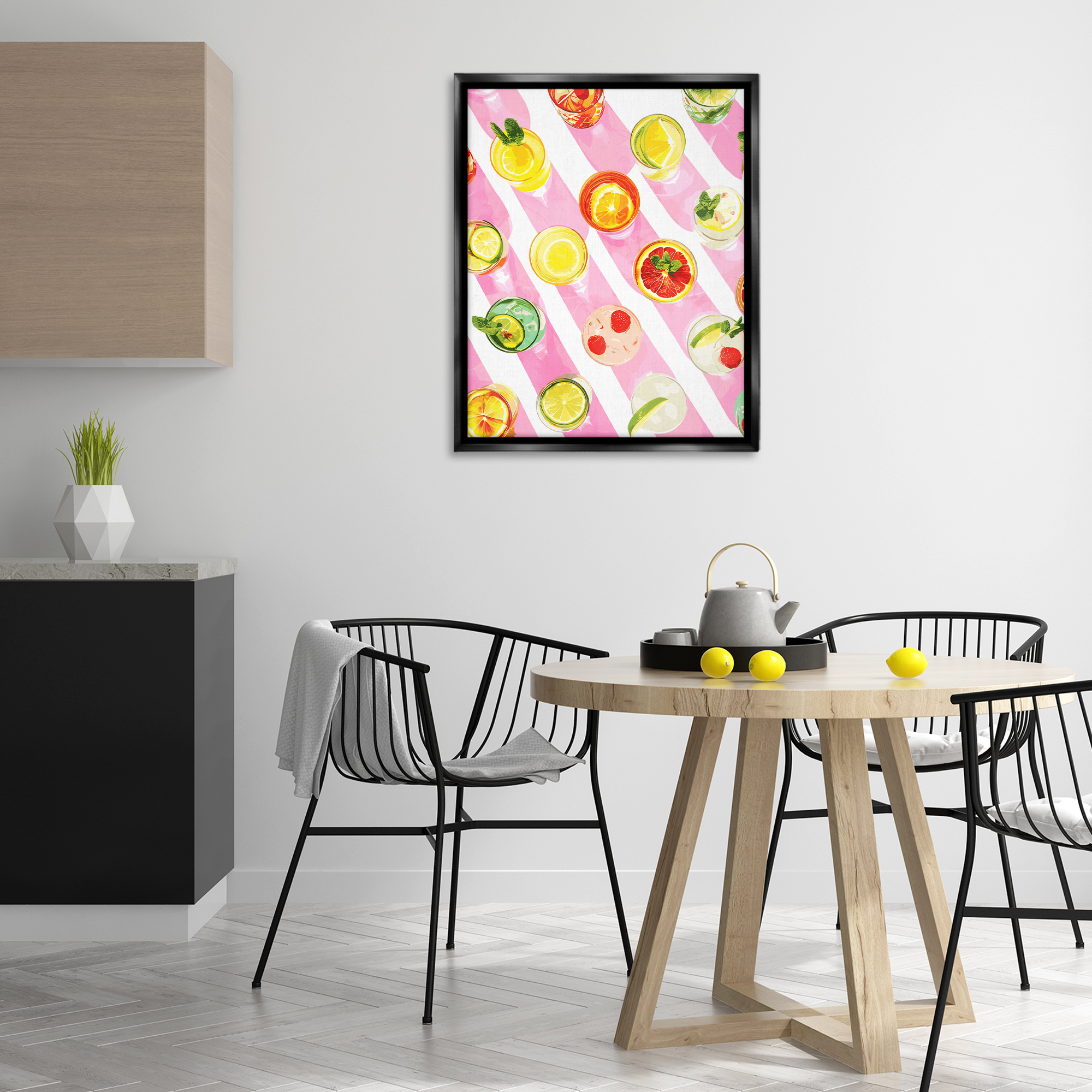 Stupell Industries Aerial Cocktails on Stripes Food & Beverage Painting Black Floater Framed Canvas Art Print Wall Art, 25 x 31