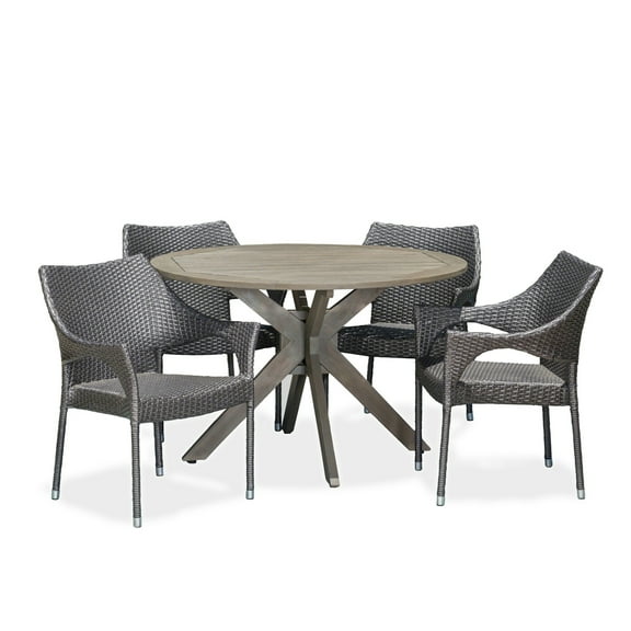 GDF Studio Pia Outdoor Wicker and Acacia Wood 5 Piece Dining Set, Multibrown and Teak