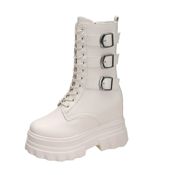 KEGIRLOM Women Fashionable And Casual British Style Thick Soled High-Heeled Soft Leather Round Toe Motorcycle Boots Beige 7