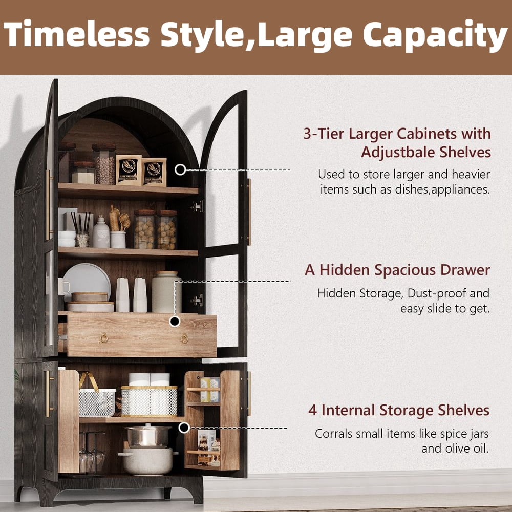 LUMAMIN Arched Bookcase, 71" Farmhouse Bookshelf Display Cabinet with Door Shelves, Adjustable Shelves, Hidden Drawer & Glass Door, Black