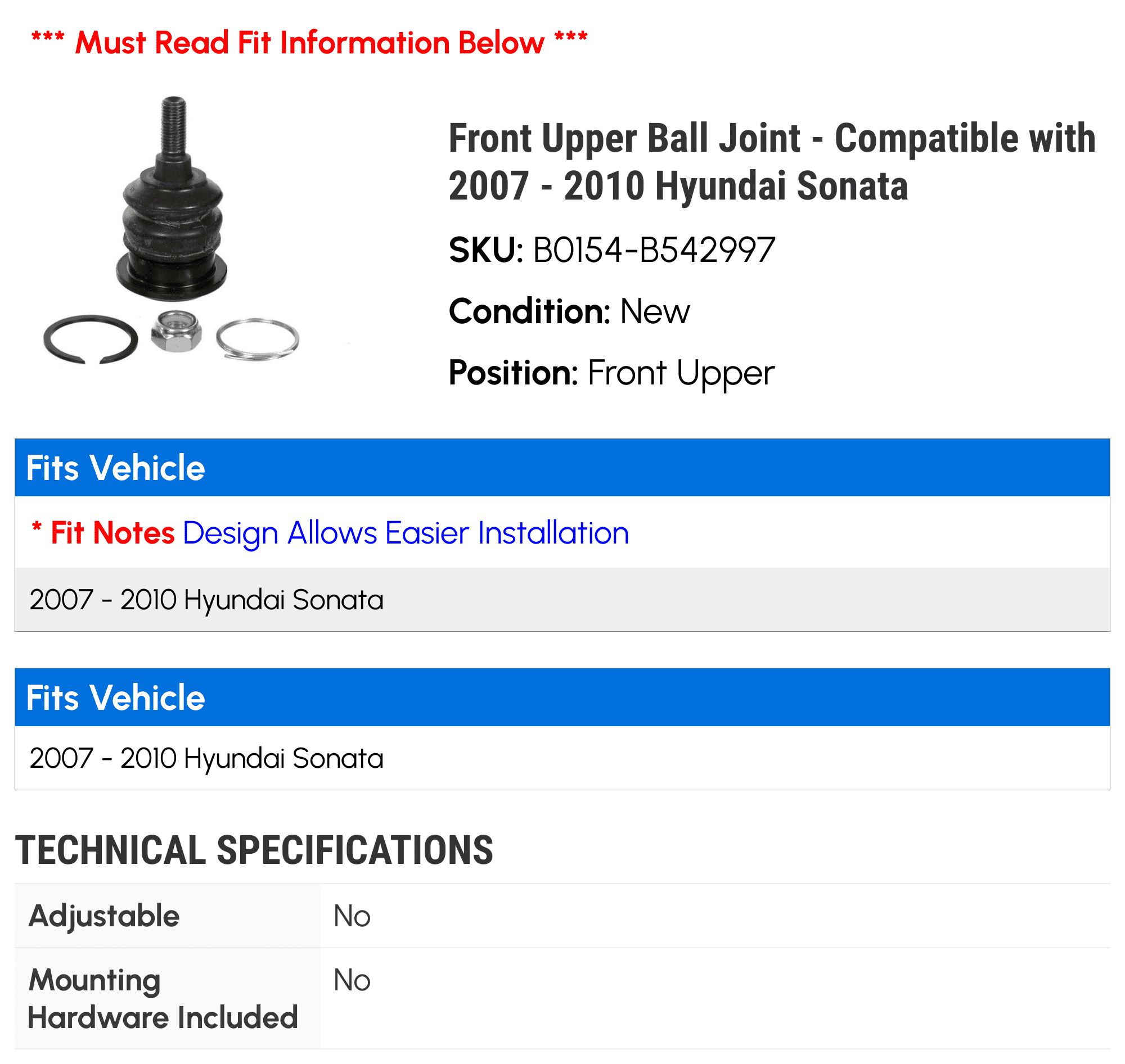 Front Upper Ball Joint - Compatible with 2007 - 2010 Hyundai Sonata 2008 2009