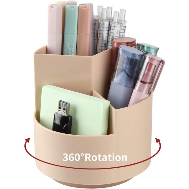 Portalápices de escritorio, diseño giratorio de 360 grados, caja de almacenamiento de escritorio con tres rejillas circulares giratorias unisex de color rosa oscuro