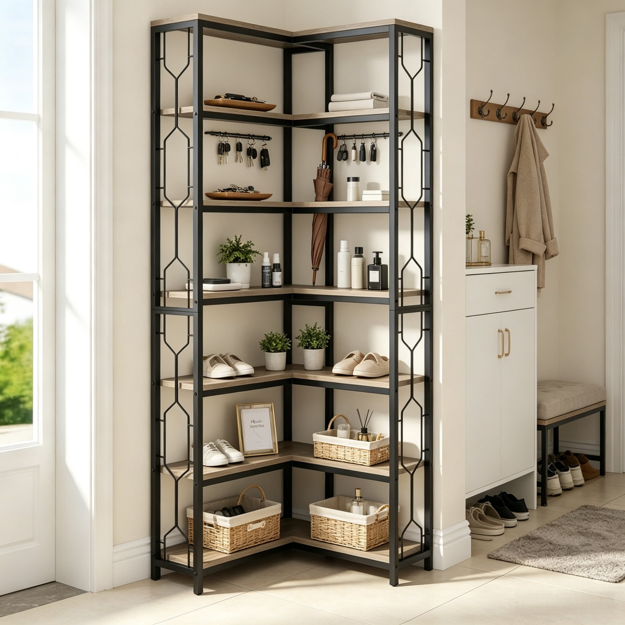 7-Tier Industrial Corner Bookshelf & Etagere Bookcase, 41.34 in x 11.61 in x 10.43 in