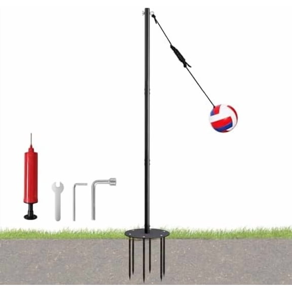 Tetherball Set with Adjustable Pole (Up to 8ft), Integrated Built-in Rope Design Ball Professional Outdoor Game for Backyard, Lawn, Includes Ball, Rope, Pole & Base for Kids, Adults