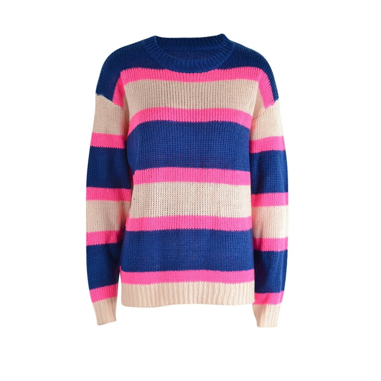 Scyoekwg Sweaters for Women Knitted Sweater Striped Crewneck