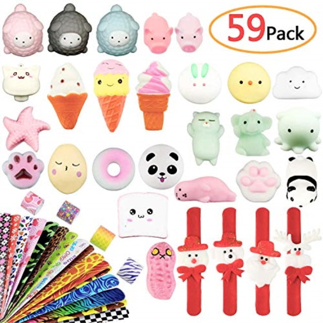 Mochi Squishies Toys,59Pcs Include 10 Mochi Squishies Toys,10 Slow Rising Toys,34 Slap Bracelets 