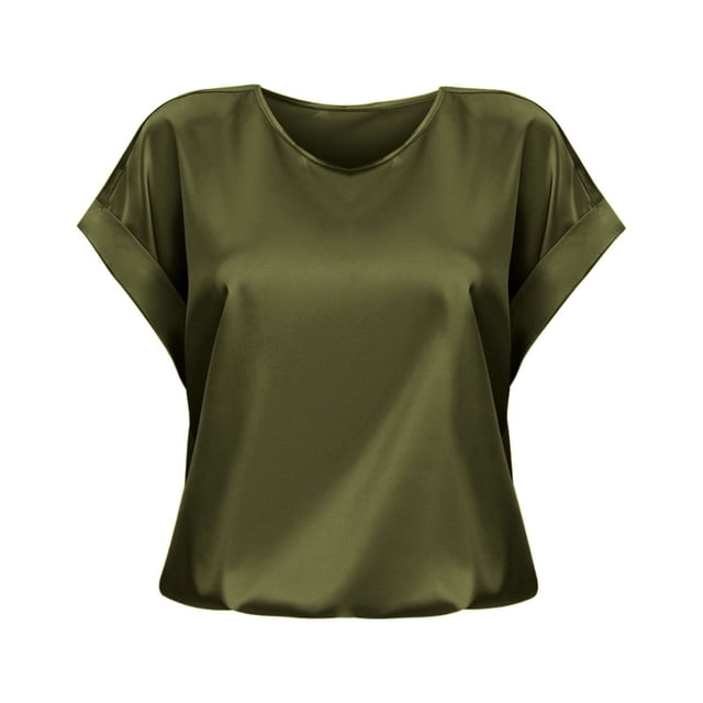 Hiiyo Women's Short Sleeved Satin Shirt Solid Color Relaxed Fit Casual Tee, Sizes S-XXL
