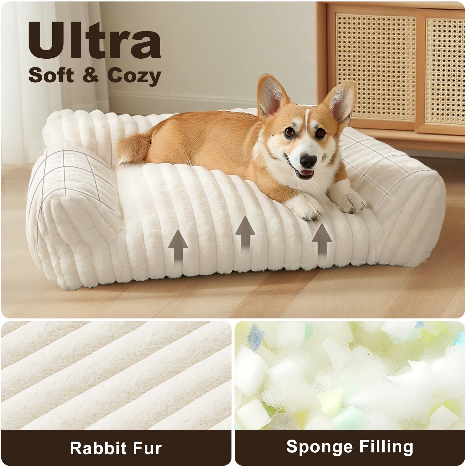 Sanmadrola Cute Cat Bed for Indoor Cats, Couch Bed with Removable Washable,Premium Soft Corduroy Fleece Pet Bed for Small Dog & Cat,Milk White