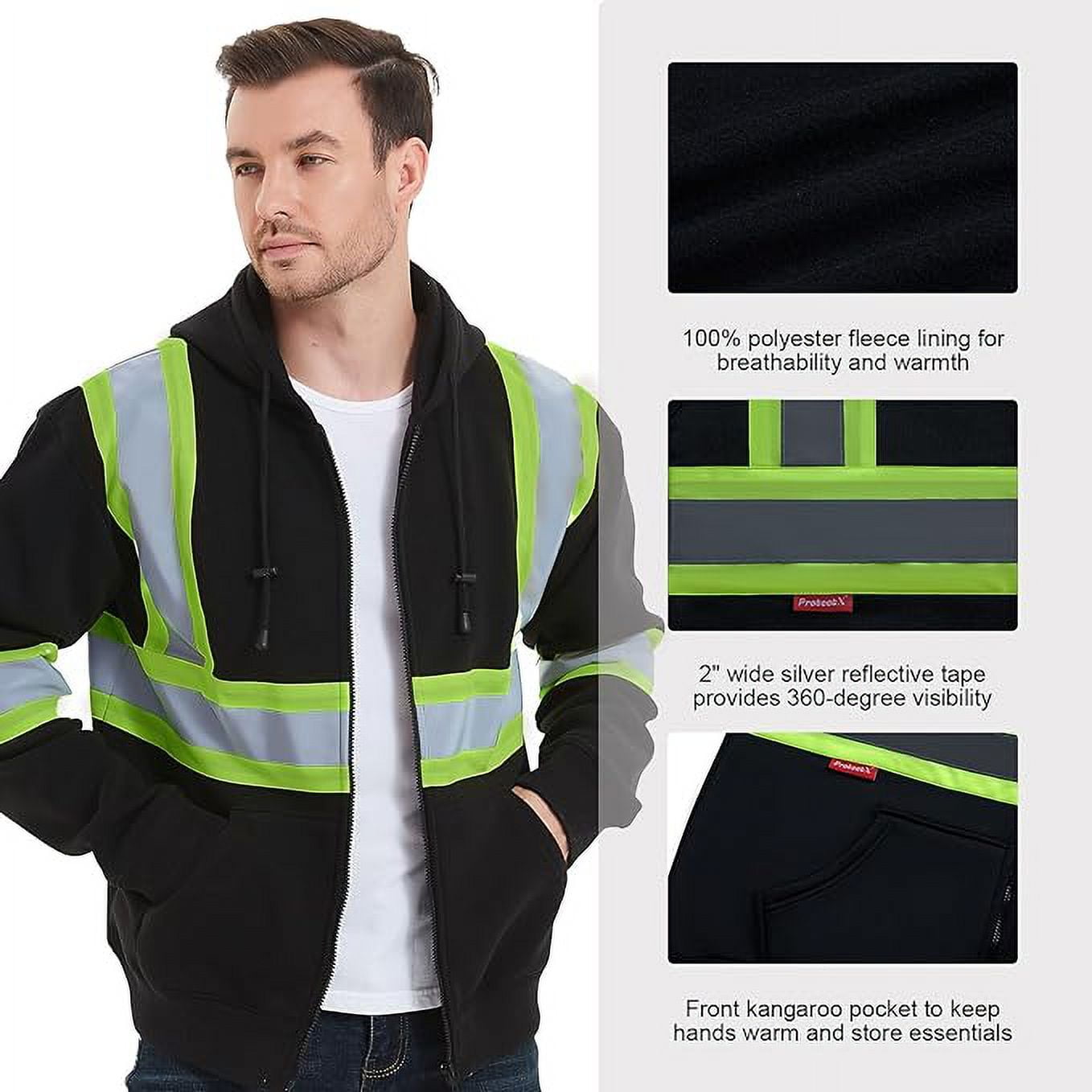 ProtectX High Visibility Safety Sweatshirt for Women Men, Class 3 Hi Vis Hoodie with large Pocket, Hooded Full-Zip Reflective Sweatshirt for Work & Construction, Black, 3X Large