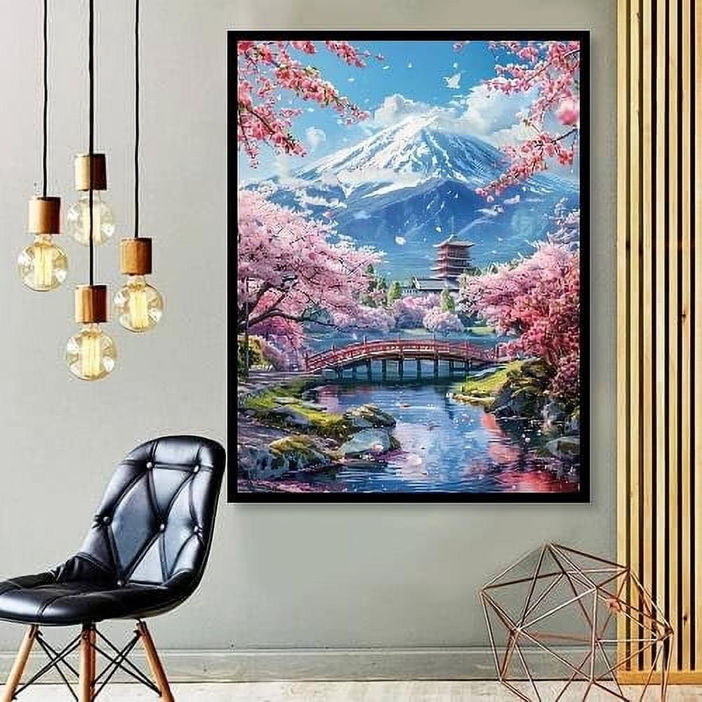 5D Mount Fuji Diamond Painting Kits for Adult, Mountain Sakura Diamond Art Kits for Beginners, DIY Full Drill Floral Diamond Dot Gem Art Kits for Home Decor 16x20 Inch Cherry(40*50cm,  No Frame)