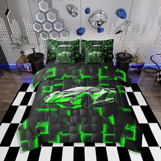 Erosebridal Neon Car Bedding Sets Twin Size for Boys, Racing Car Comforter Sets with Sheets, Sports Decor, Reversible 7-Piece
