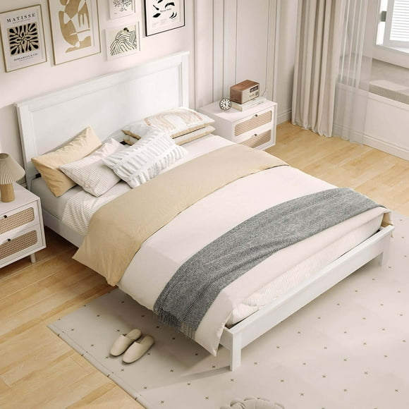 Costway Queen Size Bed Frame Platform Slat High Headboard Bedroom Rubber Wood Leg White