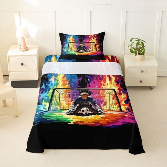 Feelyou Fire Goalkeeper Soccer Twin Sheets for Boys, Rainbow Flame Football Bedding, 3-Piece, 1 Flat Sheet, 1 Fitted Sheet and 1 Pillowcase