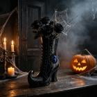 ZhangC Halloween Witch Boot Vase, 10 Inch Resin Gothic Planter with Cobweb Details, Plastic Look Floral Arrangement Holder for Table Centerpiece, Shelf and Home Decor