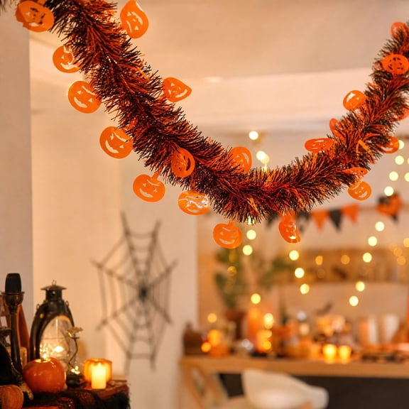 Halloween Garland with Fringe Tinsel and Halloween Pumpkin Ornaments, for Outdoor Indoor Wall Window Hanging Decor, Halloween Home Decor for Party and Mantel, 77 Inch, 1 Pack