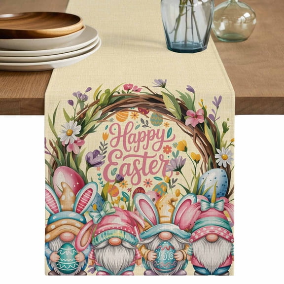 Table Runner - 48 Inch Long, Easter Gnomes Kitchen Dining Table Runner Dresser Scarves, Colorful Eggs Bunny Ears Flowers Leaves Branch Farmhouse Decor for Coffee Tables Wedding Party Banquet