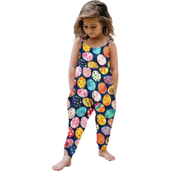 Toddler Sleeveless Romper Girls Kids Funny Easter Eggs Printing Loose Jumpsuit Casual Playsuit Strap Romper Summer Outfits Clothes Multicolor 5-6 Years