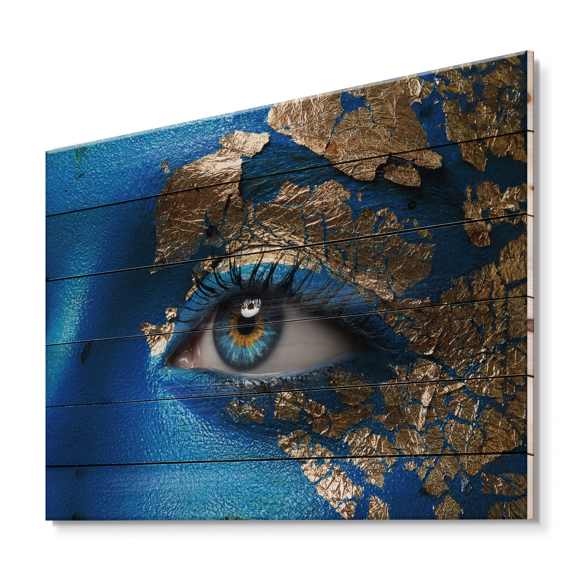 Designart 'Portrait of A Young Woman Model With Blue Make-Up' Modern Print on Natural Pine Wood