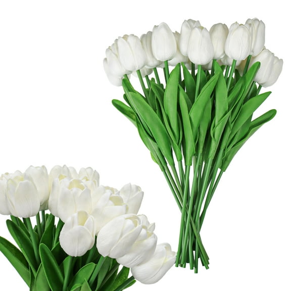 Artificial Tulips 20 Stems White PU Faux Flowers for Wedding Home Decor 13.5 Inch