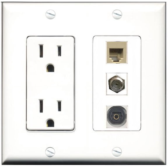 RiteAV - 15 Amp Power Outlet 1 Port Coax 1 Port Phone Beige 1 Port Toslink Decorative Wall Plate