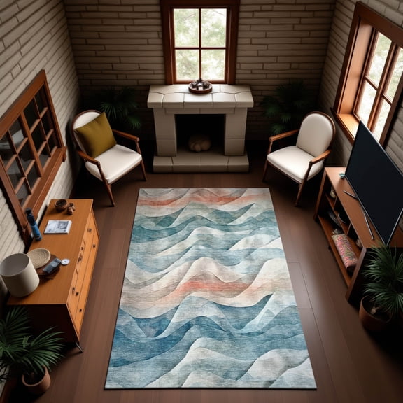 Addison Rugs Mayfield Premium Machine Washable Transitional Waves Teal Rectangle Rug, 10' x 14'
