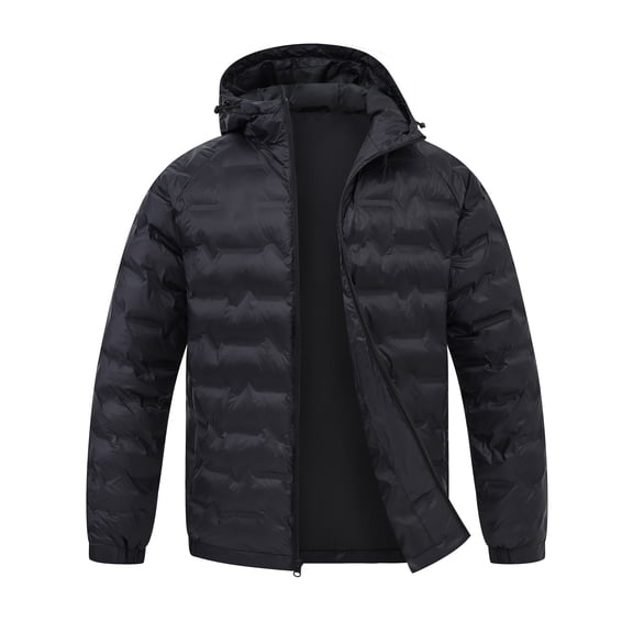 Muvtei Men's Puffer Jacket Hooded Windproof Full Zip Casual Coat Warm Water Resistant Jacket Lightweight Winter Outerwear Black-L