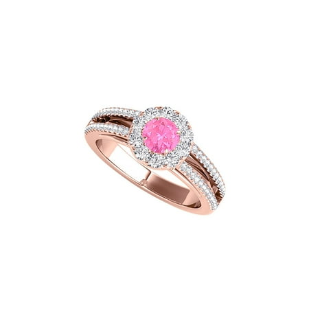 Design Shank Ring - Halo Split Shank Design Ring with Pink Sapphire and CZ
