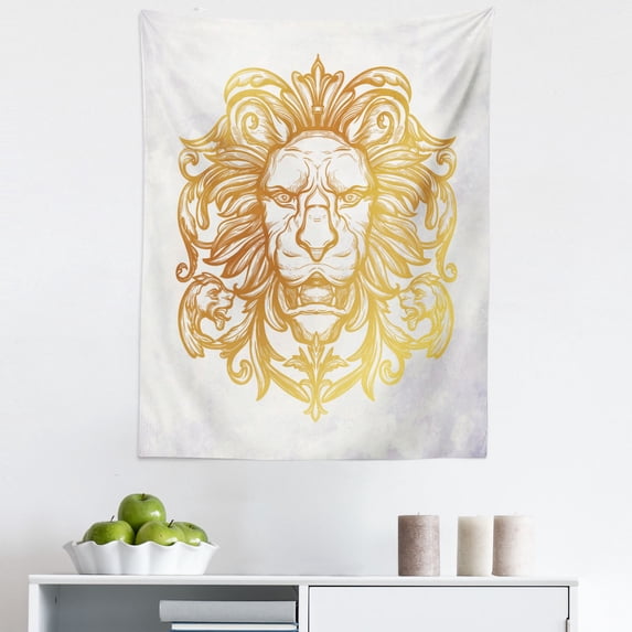 Psychedelic Cat Tapestry, Outline Lion Head with Mane and Crown on Pastel Marble Look Backdrop, Fabric Wall Hanging Decor for Bedroom Living Room Dorm, 5 Sizes, Ginger Mustard, by Ambesonne