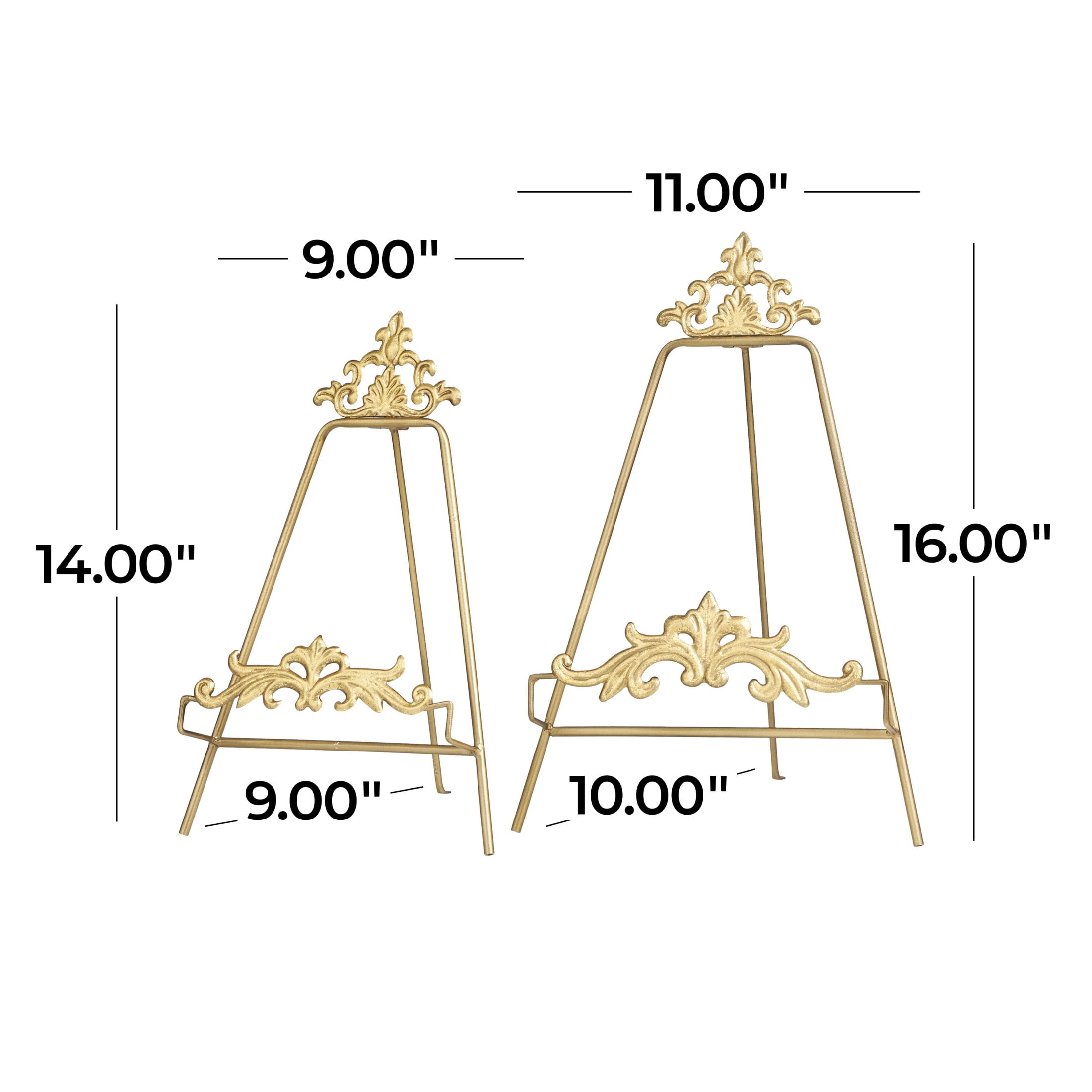 DecMode 16", 14"H Gold Metal Ornate Tabletop Arabesque Fleur De Lis Easel with Scroll Finial, 2-Pieces