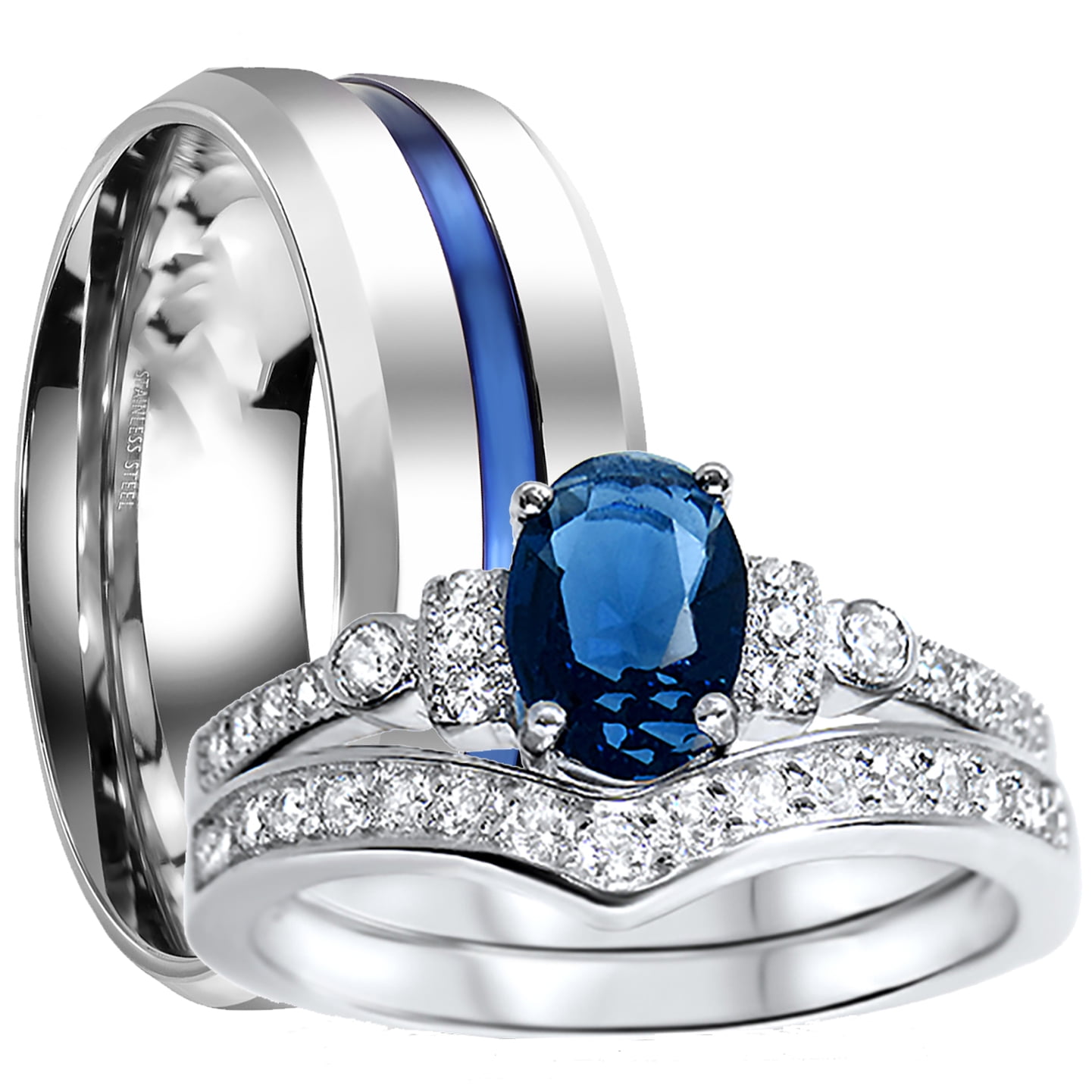 His Hers Blue Stainless Steel round CZ  Wedding Engagement 3 pc Ring Band Set 