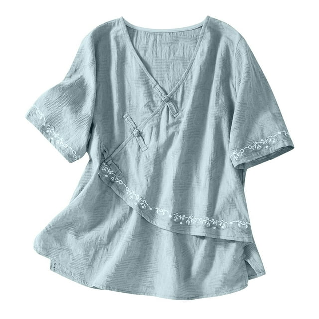 Vestidos Casuales Para Mujer, Blusas De Mujer De Moda Blusa de lino sintético con bordado de botones y abertura en el dobladillo, manga corta y cuello en V para mujer