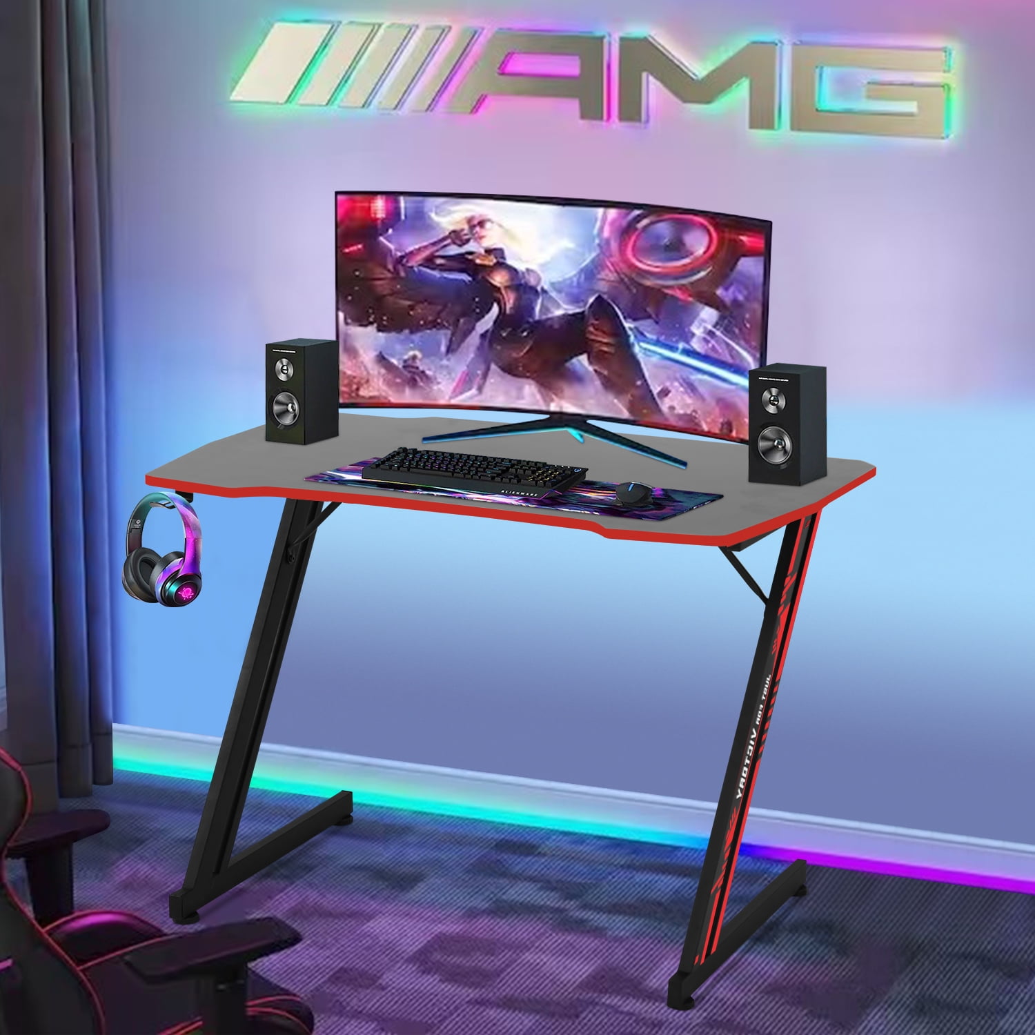 NiamVelo 47 inch Gaming Desk, Z-Shaped PC Computer Table Ergonomic Gamer Workstation with Headphone Hook for Home Office, Red