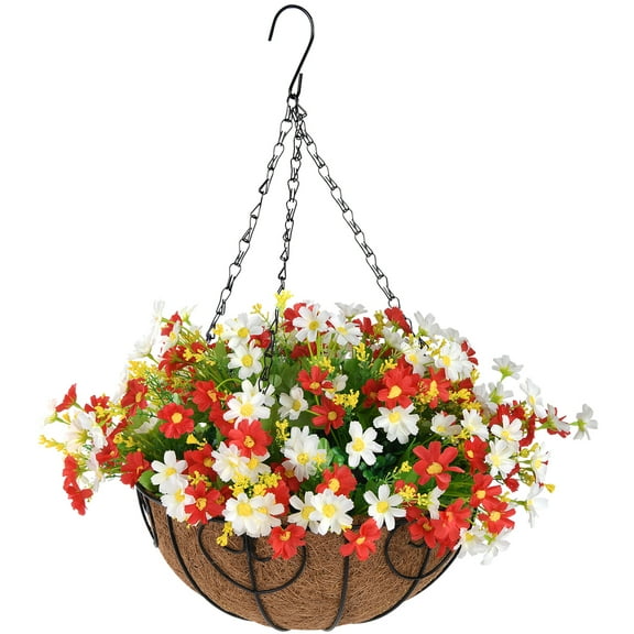 Artificial Hanging Flowers in Basket Outdoor Indoor Patio Lawn Garden Decor Hanging Basket with 12inch Coconut Lining Chain Flowerpot (Red)