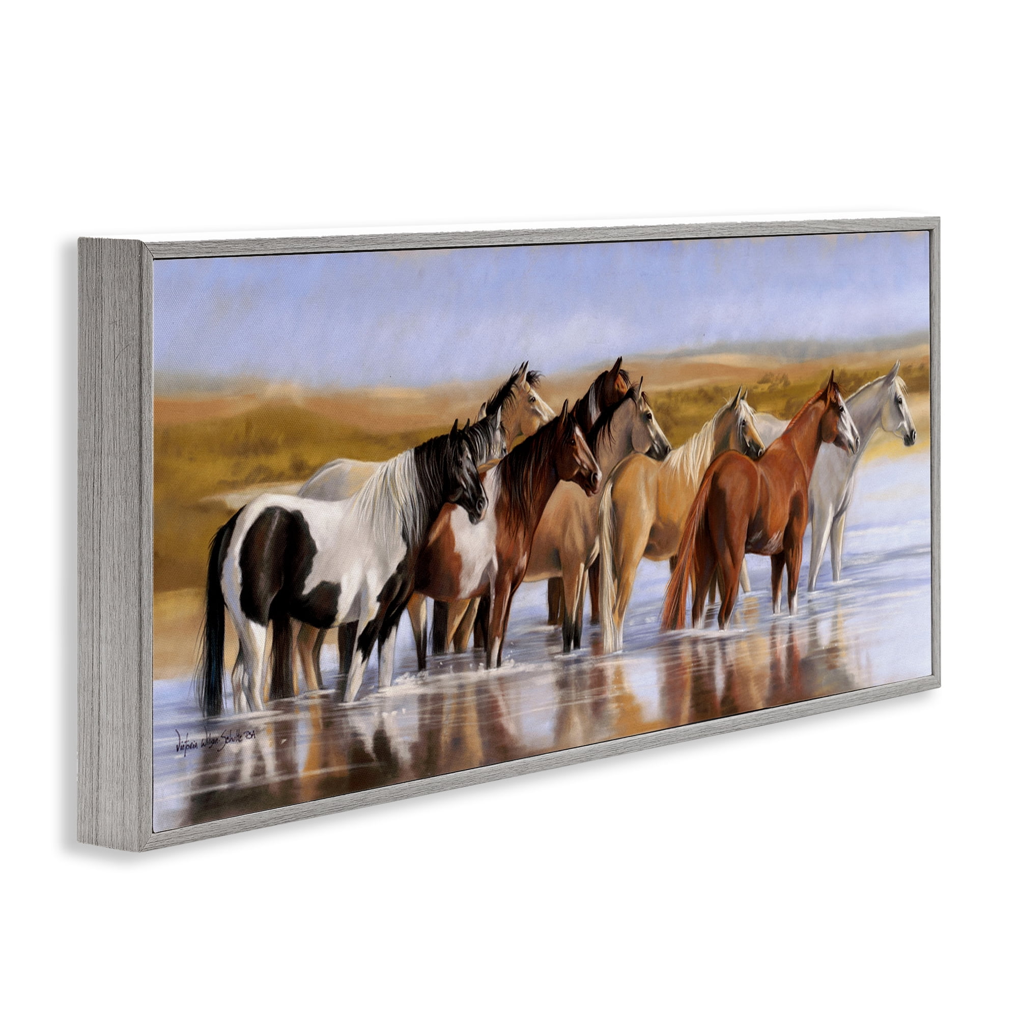Stupell Industries Horse Herd in River Animals & Insects Painting Gray Framed Art Print Wall Art, 30 x 13