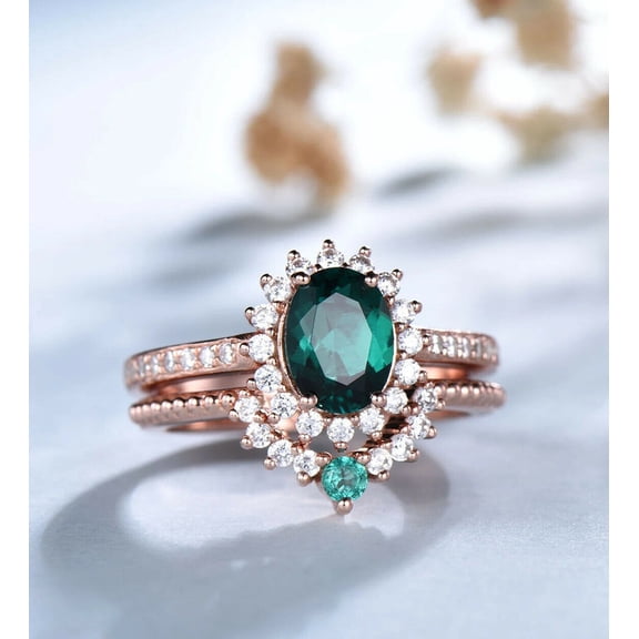 Aishvi Jewels 3Ct Oval Cut Lab-Created Green Emerald Women's Bridal Ring Set 14K Rose Gold Plated